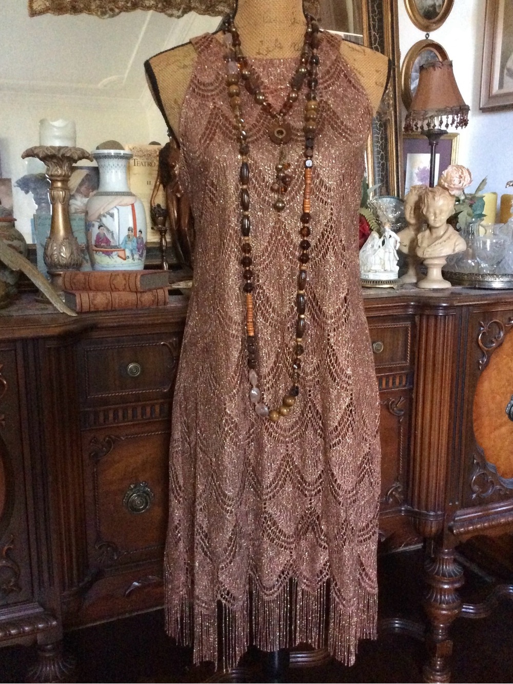 Vintage Gatsby-inspo 20's inspo Flapper Copper Brown Fringe Tassel Lace Dress